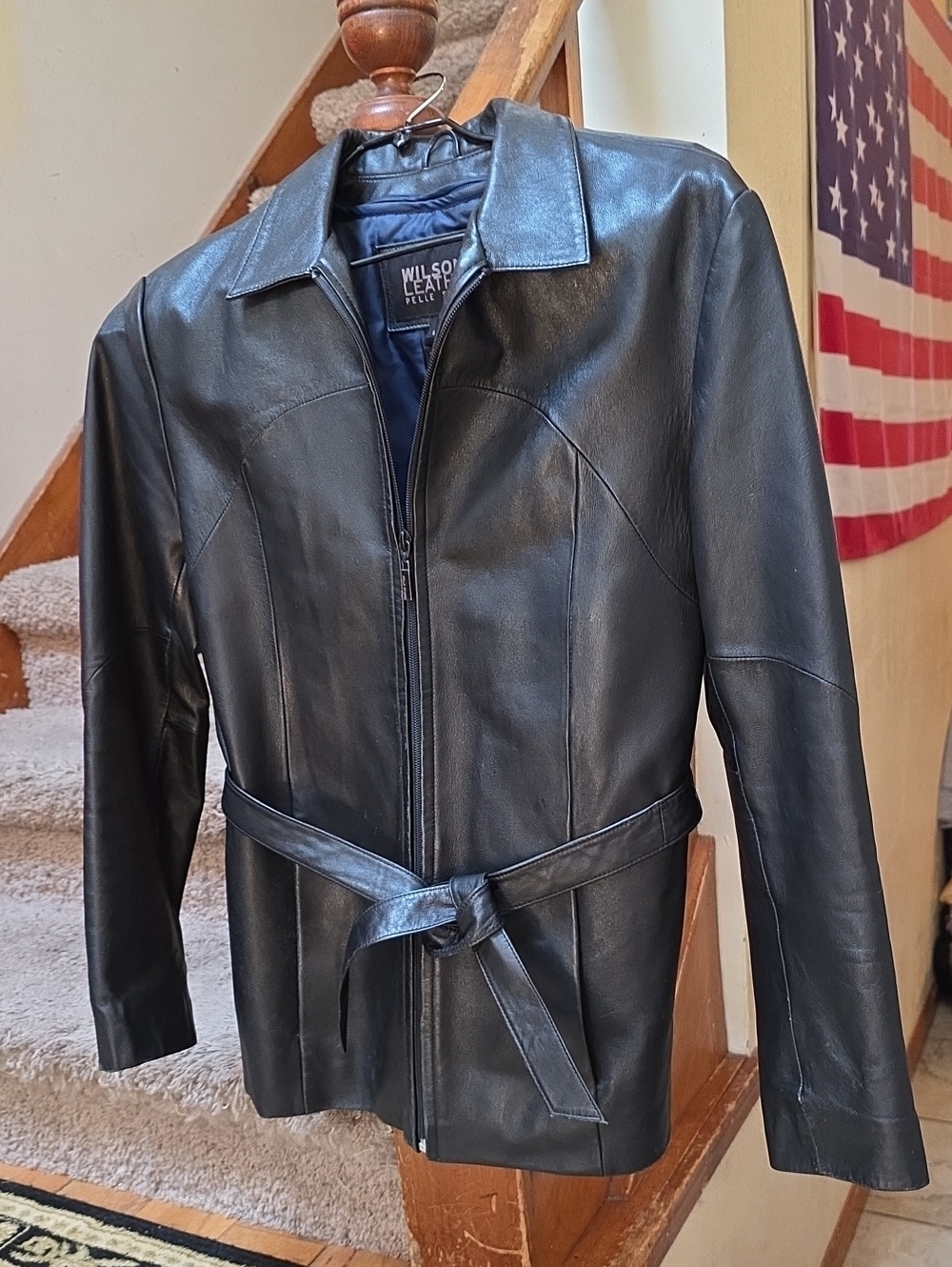 Wilsons Leather Black Women's Leather Zip Jacket with Tie Belt